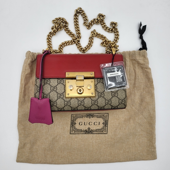 Gucci Handbags - GUCCI GG Supreme Monogram Calfskin Small Padlock Bag Beige Hibiscus Red, W/COA.
